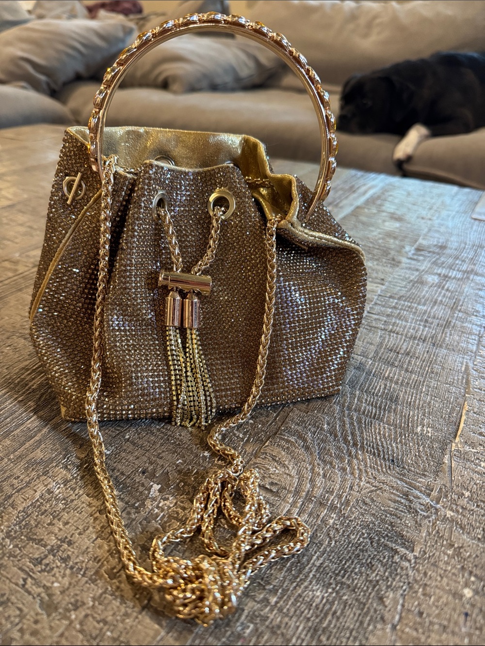 Gold rhinestone Drawstring Evening Bag with Chain Handle